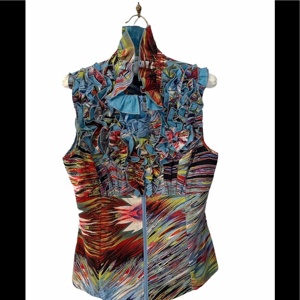 Unique brightly patterned zip up ruffled blouse